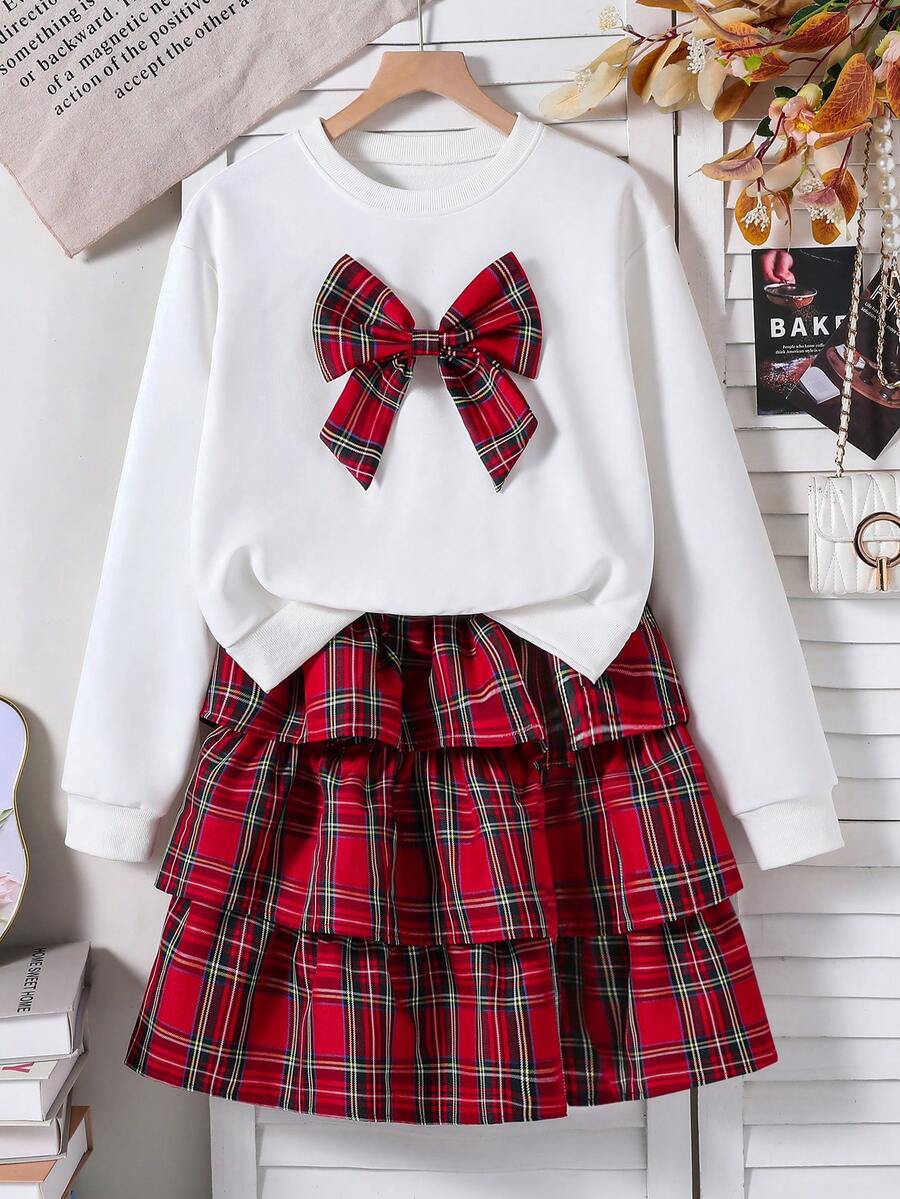 SHEIN Explorewe Teen Girl Round Neck 3D Bow Sweatshirt And Plaid Skirt Casual School Girl Outfit - Red - View 1