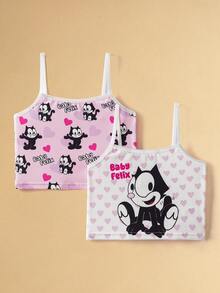 Felix The Cat X SHEIN Young Girl Cute & Comfortable Heart And Cat Print Base Layer Underwear - Pink - View 1
