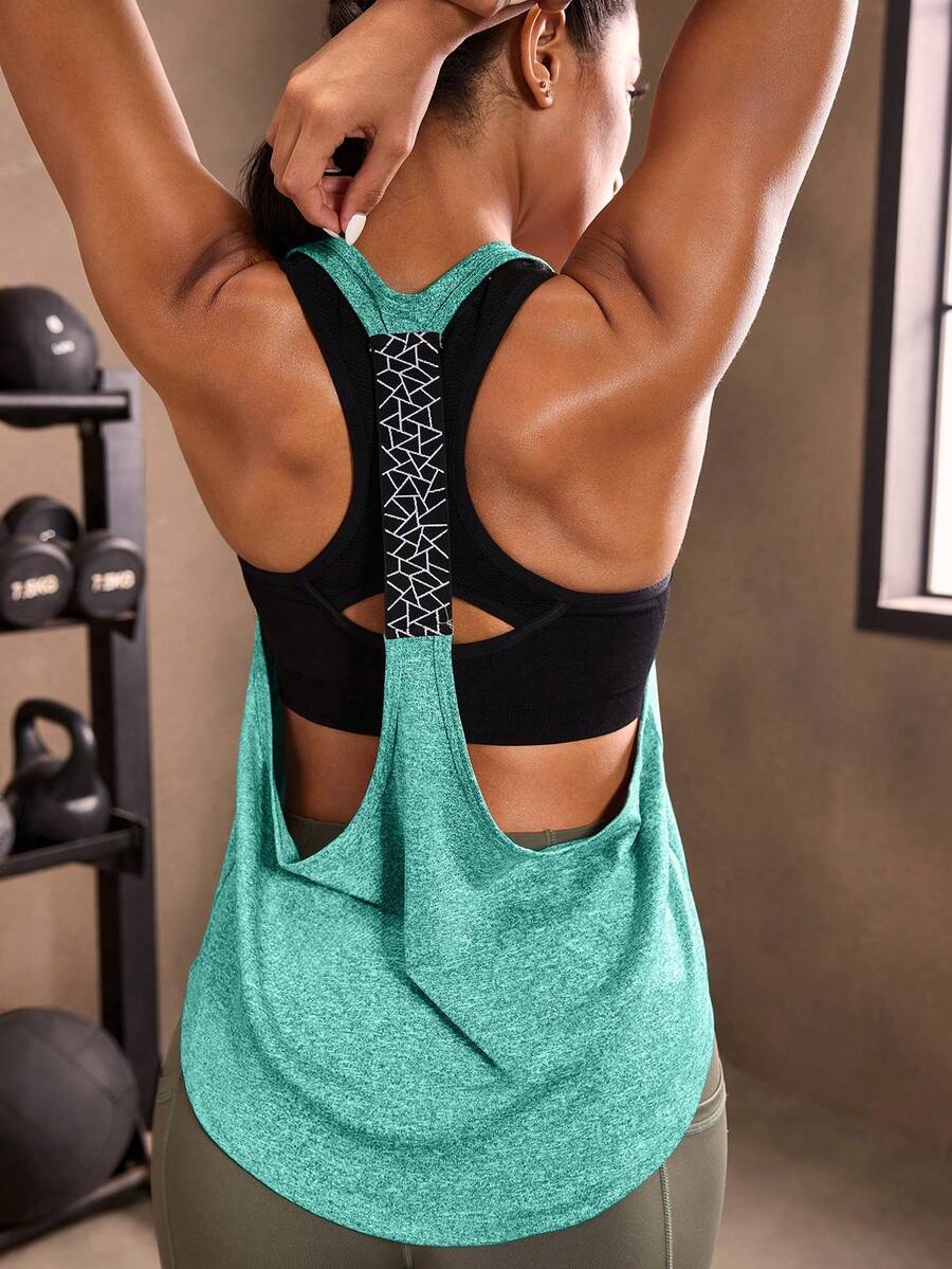 Powerista Sleeveless Round Neck Solid Color Open Back Summer Sports T-Shirt