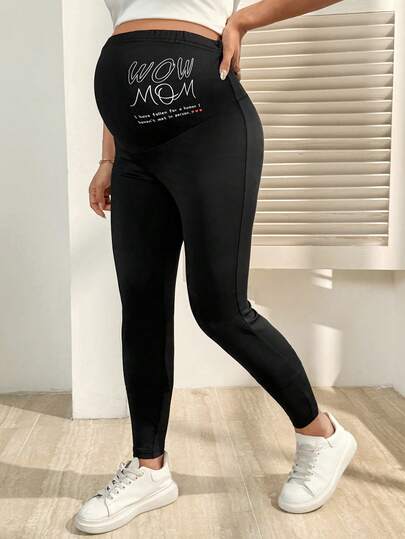 SHEIN Leggings de maternidad ajustables a la cintura con estampado de letras, uso cómodo para todos los días