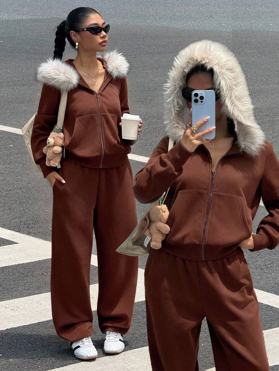 Muchica 两件套女士秋冬休闲加厚毛领连帽衫和运动裤套装，万圣节服装，圣诞节服装，哥特式女装 - 棕色 - 查看 1