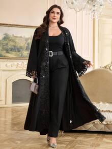 Al Najma Plusstorlek Dam Elegant Patchwork Spetsfront Öppen Abaya Morgonrock, Höst - Svart - Visa 4