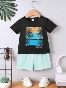 2 cái/bộ Đứa bé trai Giải trí Đơn giản Mẫu Ngắn tay Áo thun Và Quần short , Mùa xuân/Mùa hè - Nhiều màu - Xem 1