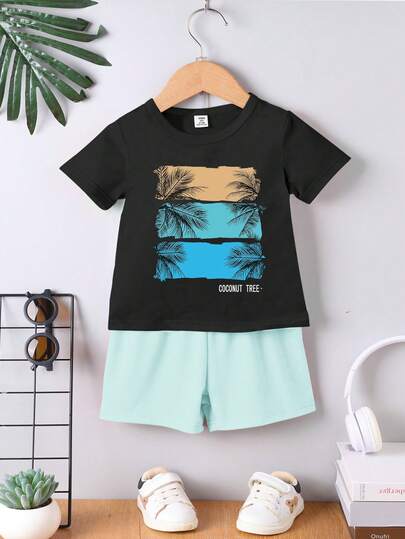 2pcs/Set Baby Boy Casual Simple Pattern Short Sleeve T-Shirt And Shorts, Spring/Summer