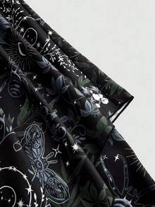 ROMWE Goth Đầm trễ vai in họa tiết Boho Allover viền bất đối xứng cỡ lớn, có họa tiết mặt trời, mặt trăng, ngôi sao, côn trùng và hoa, tay áo loe và thắt lưng - Nhiều màu - Xem 4