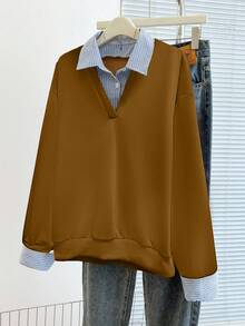 Franclia Striped Print Collared Casual Pullover Sweatshirt - Brown - View 5