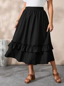 EMERY ROSE 大码梭织荷叶边修身半身裙 - 黑色 - 查看 6