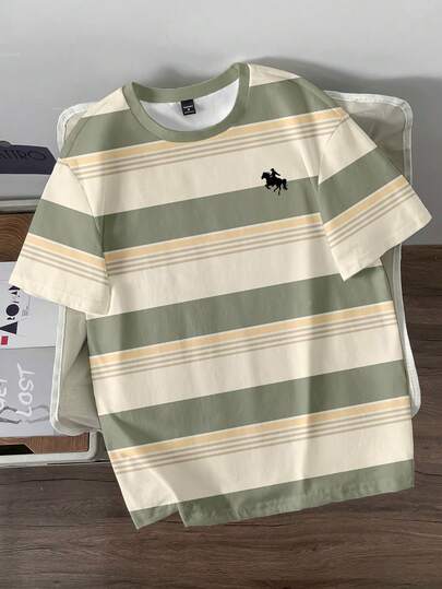 Manfinity Joysei Men's Casual Striped Small Horse Logo Round Neck Short Sleeve T-Shirt