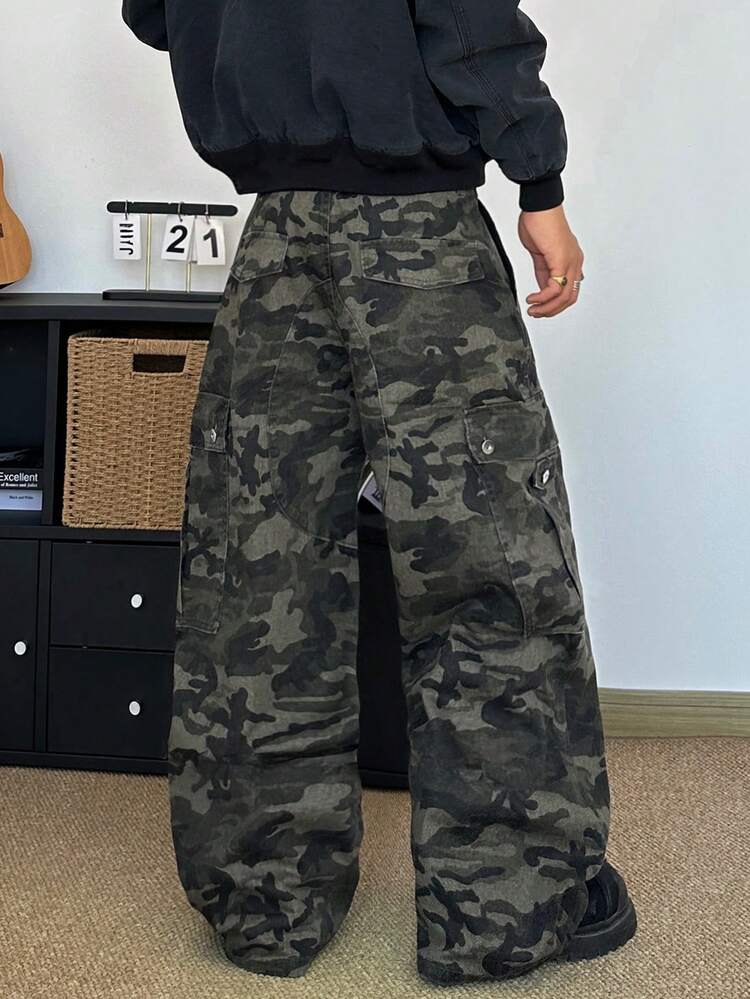 STEELVANCE Pantalones cargo de camuflaje de estilo urbano, diseño con botones y múltiples bolsillos, pantalones vaqueros anchos y sueltos de uso casual - Verde militar - Añade 2