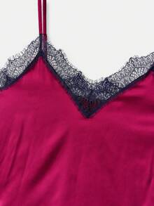lacRébo Elegant Burgundy Satin Pajama Set For Women,Summer Cami And Shorts With Navy Blue Lace Trim,Lounge Lingerie Sleep Set - Purple - View 10