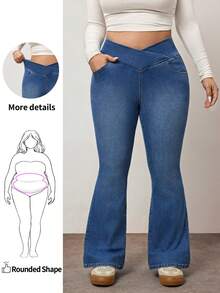 Enliva Quần jeans ống loe co giãn cao cấp dành cho nữ cỡ lớn, có chi tiết túi, phù hợp với dáng người quả táo và tròn trịa. - Màu xanh lam - Xem 1