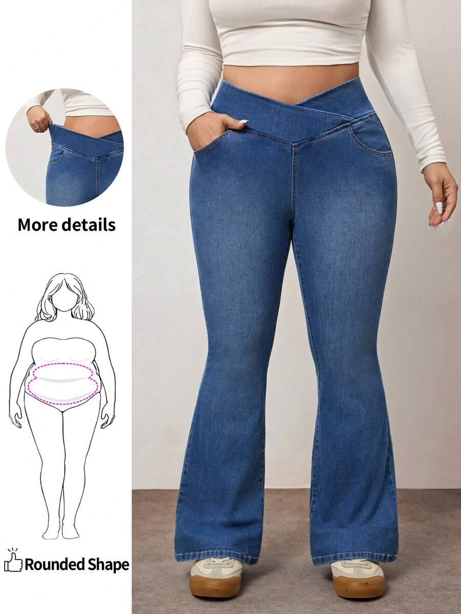 Enliva Quần jeans ống loe co giãn cao cấp dành cho nữ cỡ lớn, có chi tiết túi, phù hợp với dáng người quả táo và tròn trịa. - Màu xanh lam - Xem 1