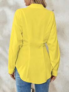 Chiquease 女式纯色落肩长袖休闲百搭优雅度假衬衫 - 鵝黃色 - 查看 2