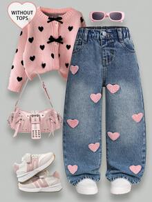 SHEIN Girls Heart Embroidery Loose Straight Leg Jeans, Fashionable & Versatile Young Girls Baggy Jeans Y2k Wide Leg Jeans Girls Baggy Girls Jeans Loose Jeans New Arrival 2026 Aesthetic Clothes For Teens Girls' Jeans, New Arrival For  2026, Light Wash Denim With Heart Embroidery, Relaxed Straight Leg, Versatile For Holidays, Casual Outings, School, Parties, Christmas And More Young Girl Heart Embroidered Casual Wide Leg Distressed Washed Denim Jeans, Suitable For Spring, Summer, Autumn, Winter, Street