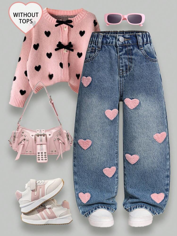 Jeans rectos holgados con bordado de corazón para niñas, de moda y versátiles - Azul lavado medio - Añade 1