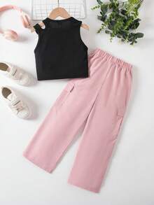SHEIN Bộ 2 món áo ba lỗ hở vai cổ tròn màu trơn và quần túi hộp cho bé gái, mùa hè - Hồng - Xem 2