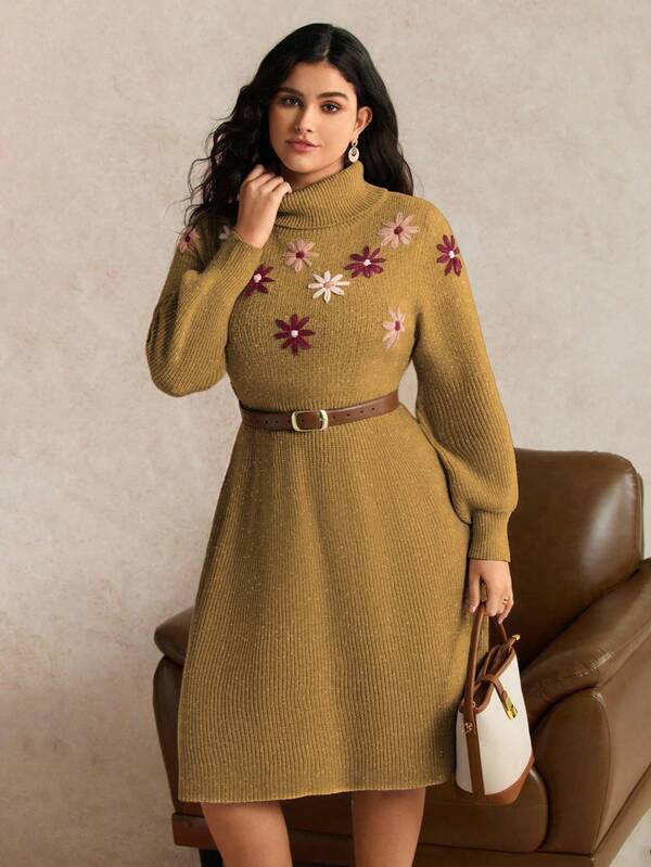 Nubod Plus Size Floral Embroidered Turtleneck Lantern Sleeve Knit Midi Dress, Elegant & Slimming, Autumn/Winter