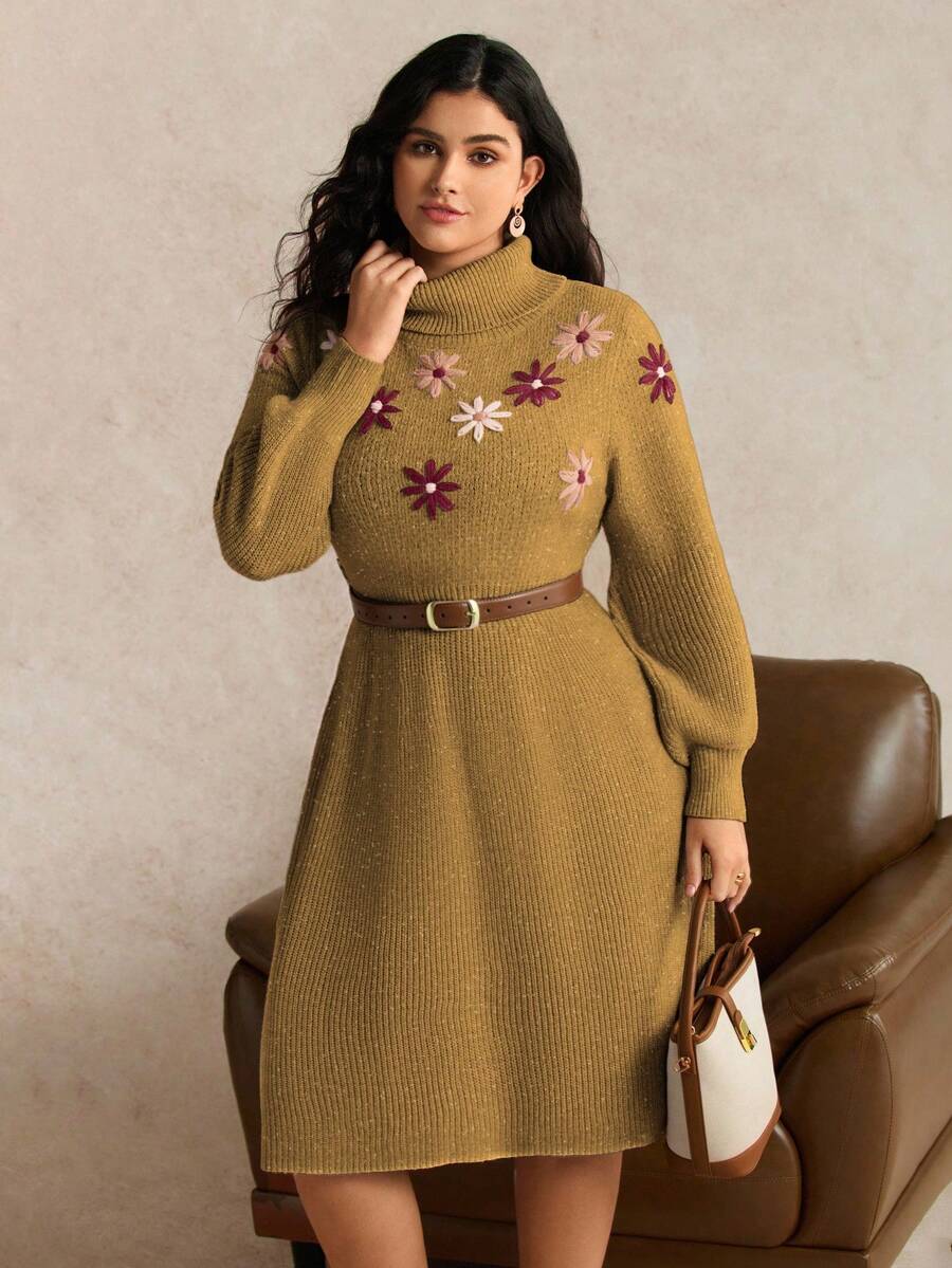 SHEIN LUNE Vestido de punto midi con cuello alto, mangas farol y bordado floral, elegante y estilizador, para otoño/invierno, talla grande - Amarillo - Ver 1