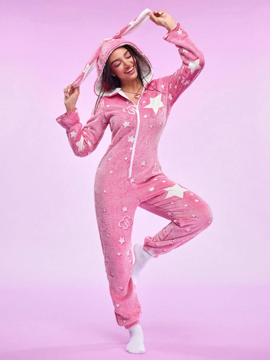 Pijama de una pieza con capucha de franela con diseño de oreja 3D para mujer, esponjoso para invierno - Multicolor - Ver 1