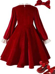 SHEIN Explorewe 女童秋季丝绒蕾丝领长袖连衣裙，红色，优雅，柔软舒适，适合派对、生日等各种场合，厚度适中，春/秋/冬三季皆宜。 - 紅色 - 查看 2