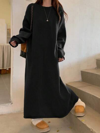 DAZY 女士纯色圆领休闲百搭长袖毛衣连衣裙
