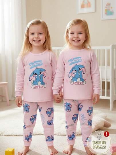 2pcs Baby Girls' Cute Blue Pattern Print & Sweet Pink Round Neck Long Sleeve Top And Pants Knit Fabric Comfortable Soft High Stretch Bodysuit Pajamas Set Snug Fit