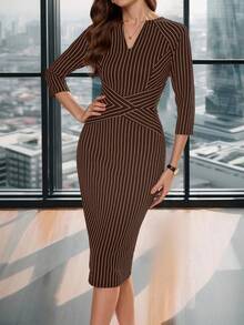 Chikora Plus Size Women's Mid-Length Notched Neck Dress,Black And White,Autumn,Elegant,Formal,3/4 Sleeve Vertical Stripe Pencil Skirt,Office Minimalist Dress - Coffee Brown - View 5
