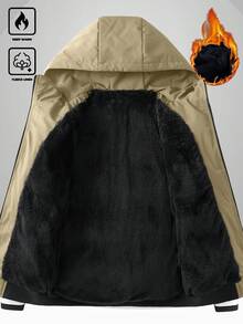 Manfinity Homme 男士秋冬连帽抓绒羽绒服，黑色，多口袋休闲加厚外套，男士冬季保暖夹克，羽绒服，男士外套 - 卡其色 - 查看 5