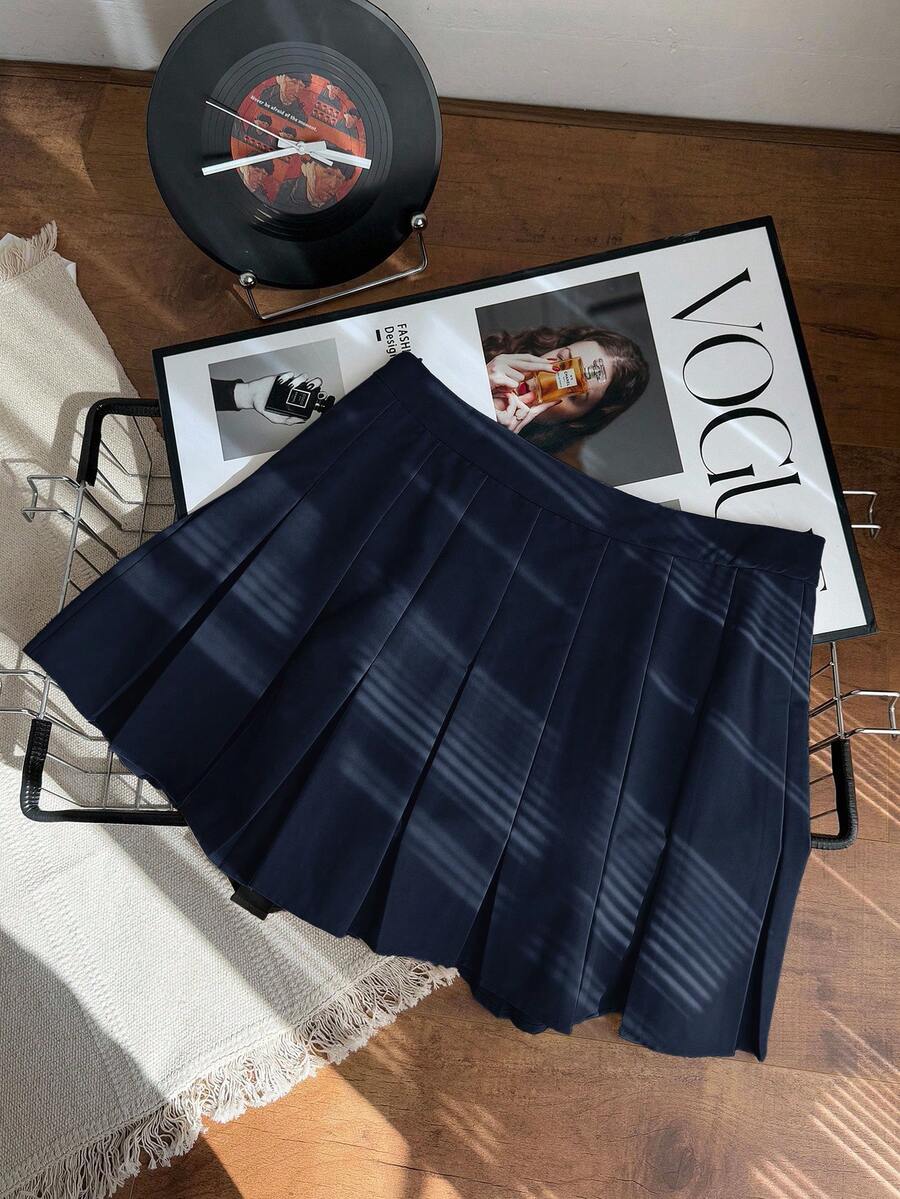 SHEIN EZwear 海军蓝加大码纯色简约日常半身裙 - 藏蓝色 - 查看 1
