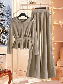 SHEIN Franclia 2 Stücke Damen einfarbiger Kapuzen-Langarmoberteil und Hosen Set, Herbst/Winter Outfit - Khaki - Übersicht 1