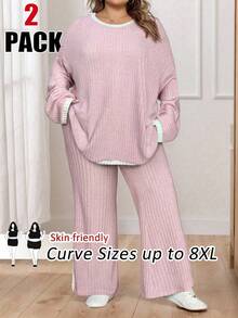 SHEIN CURVE+ 2 件套加大码撞色边罗纹针织圆领长袖上衣和开衩长裤，女士冬装 - 淺粉色 - 查看 7