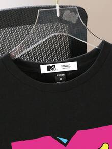 MTV | SHEIN Men's Casual Street Fashion Letter Print Short Sleeve Black T-Shirt, Summer - Black - View 3