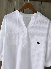 INAWLY Embroidered Collar White Striped Blouse, Loose Casual 3/4 Sleeve Textured Women Top - White - View 3