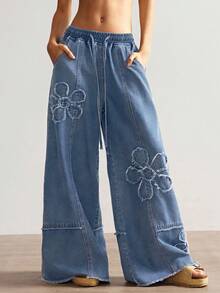 Bohemela Quần jean ống rộng màu trơn thường ngày dành cho nữ - Rửa trung bình - Xem 2