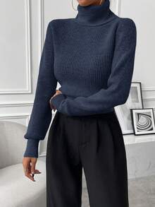 SHEIN Women's Solid Color Turtleneck Long Sleeve Casual Sweater, Autumn/Winter - Navy Blue - View 6
