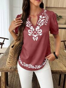 SHEIN LUNE Áo cánh tay ngắn rộng rãi, cổ chữ V in hoa dành cho nữ - Nhiều màu - Xem 5