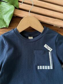 男婴可爱休闲针织拼接短袖T恤和条纹松紧腰短裤套装 - 藍色 - 查看 4