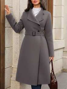 EMERY ROSE Women's Front Button Notched Collar Long Sleeve Maxi Overcoat, Fashionable & Versatile - Dark Grey - View 5