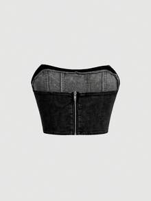 SHEIN MOD Zip Back Tube Denim Summer Corset Top - Black - View 2