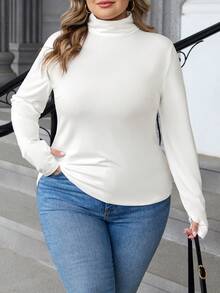SHEIN CURVE+ 大码女式高领带拇指孔修身基础款T恤，适合春秋季穿着。大码基础款上衣/秋冬款 - 白色 - 查看 5