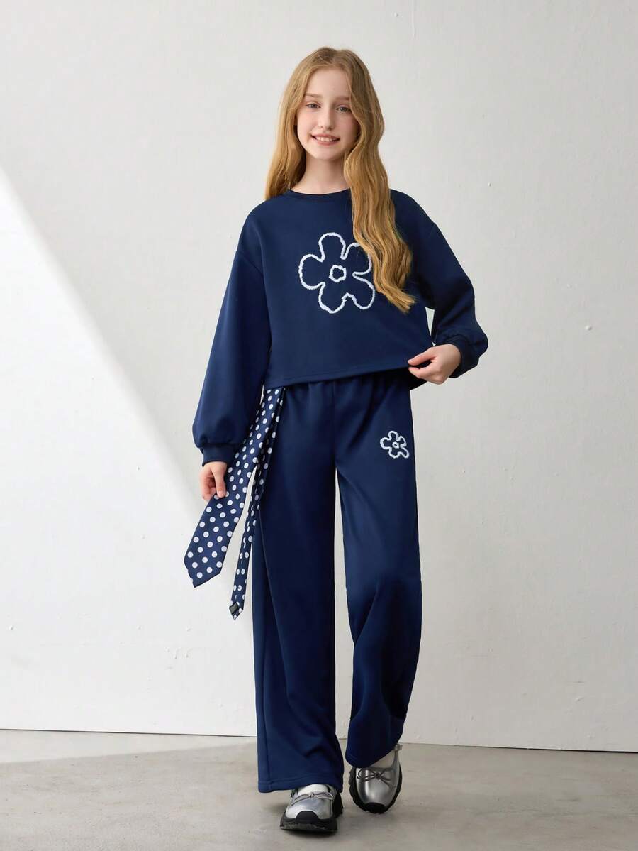 Tween Girls' Oversized Crew Neck Drop Shoulder Long Sleeve Casual Pullover Pullover Sweatshirt Set - Navy Blue - View 1