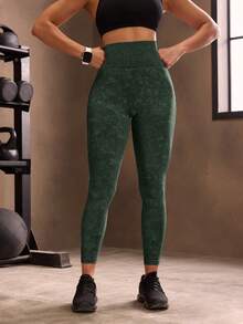 Powerista Solid High Waist Seamless Elastic Washed Leggings Yoga Women Pants - Dark Green - View 3