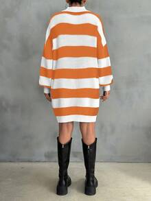 EURMUSE Women Drop Shoulder Sweater Dress With Striped Pattern - Orange - View 4