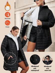 SHEIN Clasi Plus Size Women's Hooded Cinched Waist Thick Black Cotton Coat,Winter,Casual,Elegant,Hiking,Black And White,Autumn,,Work Wear,Office Attire - Black - View 1