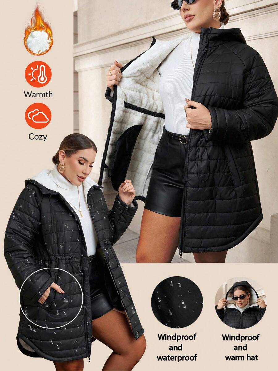 SHEIN Clasi Plus Size Women's Hooded Cinched Waist Thick Black Cotton Coat,Winter,Casual,Elegant,Hiking,Black And White,Autumn,,Work Wear,Office Attire - Black - View 1