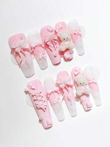 ROMWE Anime 10pcs Y2K Cute Heart, Star, Bow, Wing Nail Art Stickers With Tape - Pink - View 1