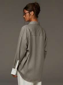 Athîral Women's Front Button Drop Shoulder Long Sleeve Casual Contrast Striped Shirt - Khaki - View 2