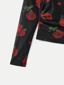 lacRébo 黑色花卉印花网眼露肩长袖修身上衣秋季女装秋季服装 - 黑色 - 查看 12