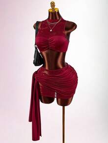 Amplova 2026新款蕾丝透视性感内衣套装，前系带裙装，女士款 - 紅色 - 查看 4