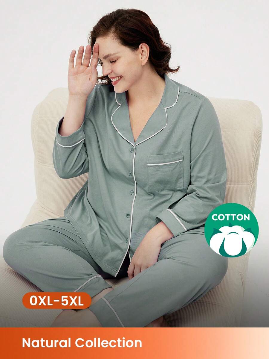 LUVLETTE 秋冬加大码绿色柔软纯棉基础款纽扣上衣和裤子家居服睡衣套装 秋季睡衣